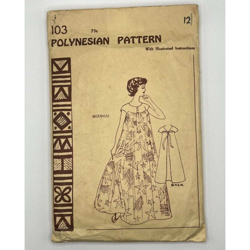Polynesian Pattern 103 Muumuu Bust 32 Hawaiian Dress BOW PIECE MISSING RARE